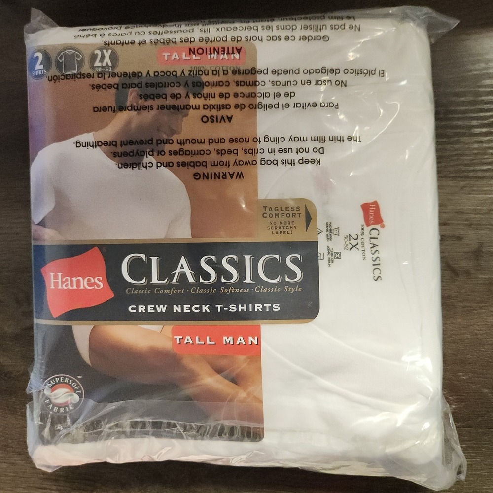 Vintage Hanes 2 PK Classics Crew Neck‎ Shirts Mens 2X (50-52) Cotton Tagless NEW